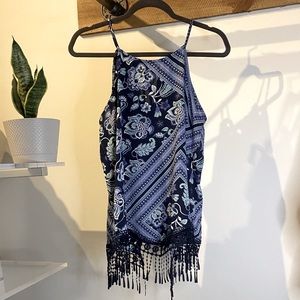 NWOT NY & CO Lace Fringe Tassle Halter Tank Faux Wrap